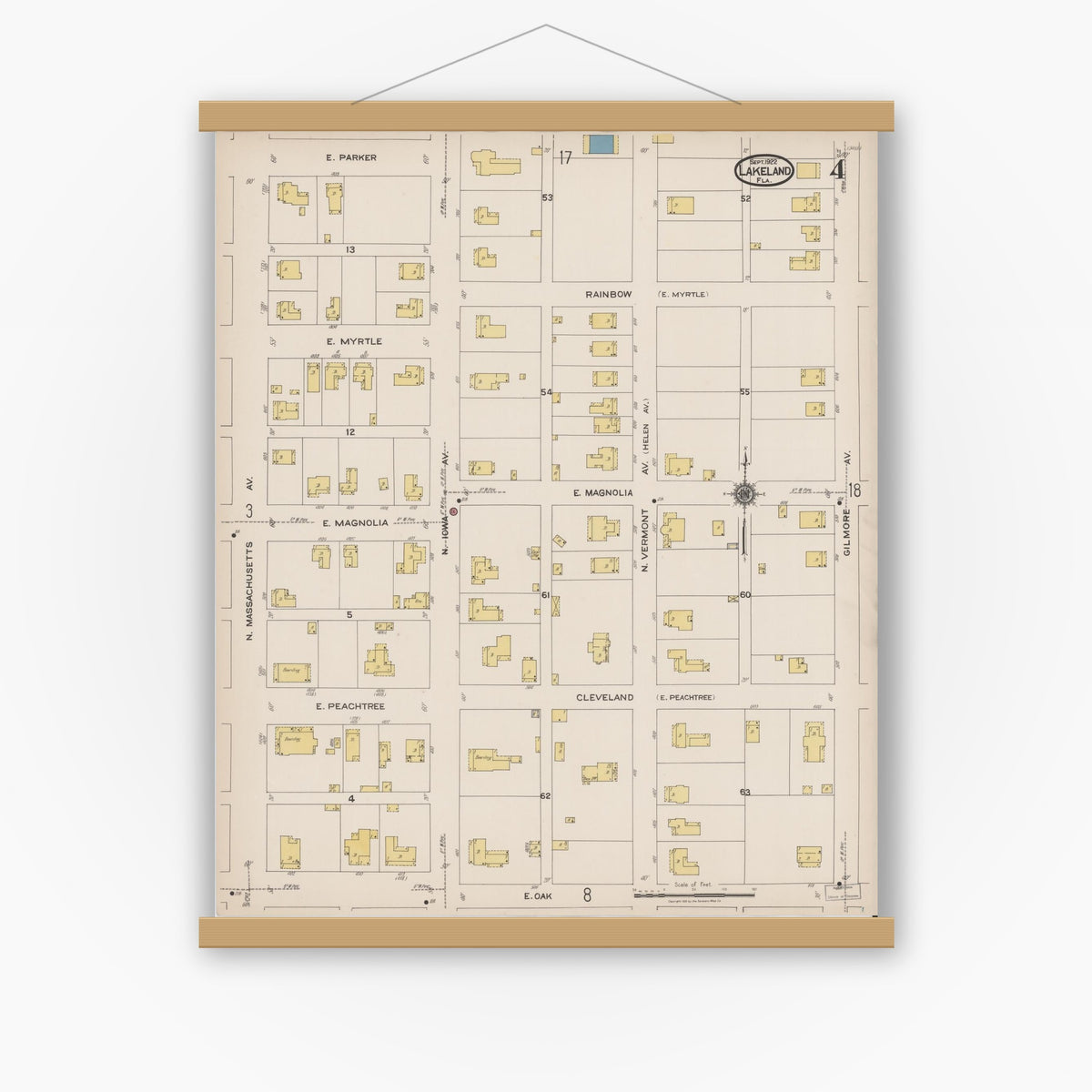 Old map wall art mockup — magnetic wood frame on white wall — Sanborn Fire Insurance Map from Lakeland, Polk County, Florida (1922), Sheet #0004