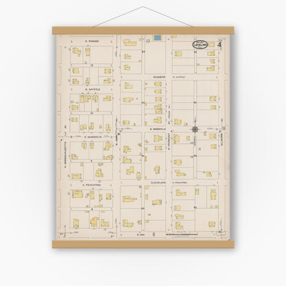Old map wall art mockup — magnetic wood frame on white wall — Sanborn Fire Insurance Map from Lakeland, Polk County, Florida (1922), Sheet #0004