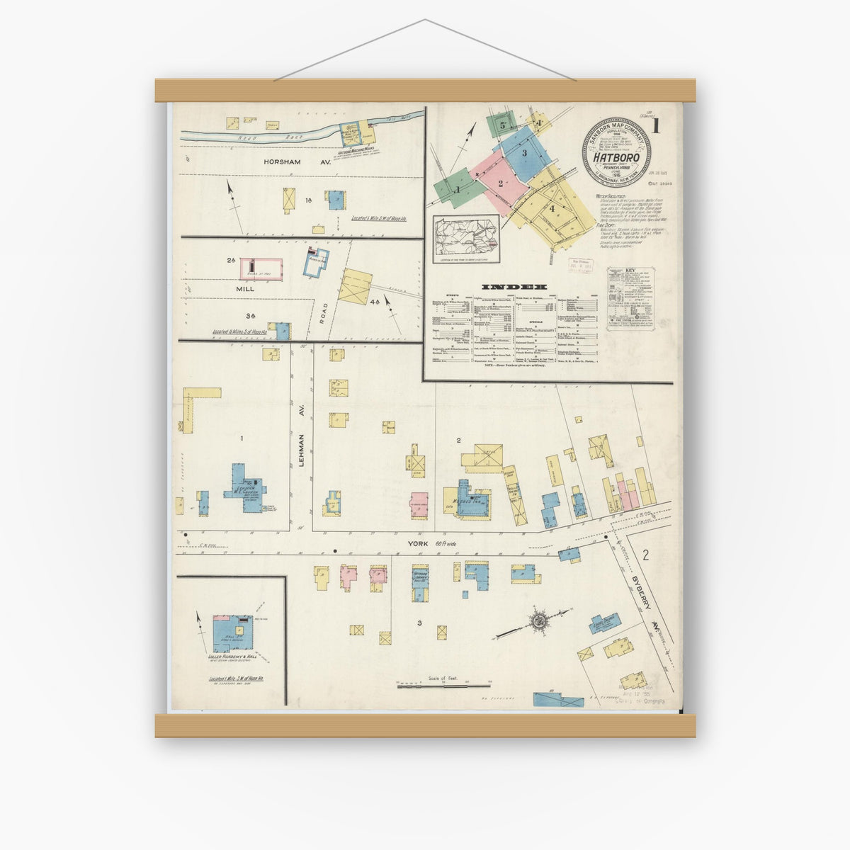 Old map wall art mockup — magnetic wood frame on white wall — Sanborn Fire Insurance Map from Hatboro, Montgomery County, Pennsylvania (1915), Sheet #0001