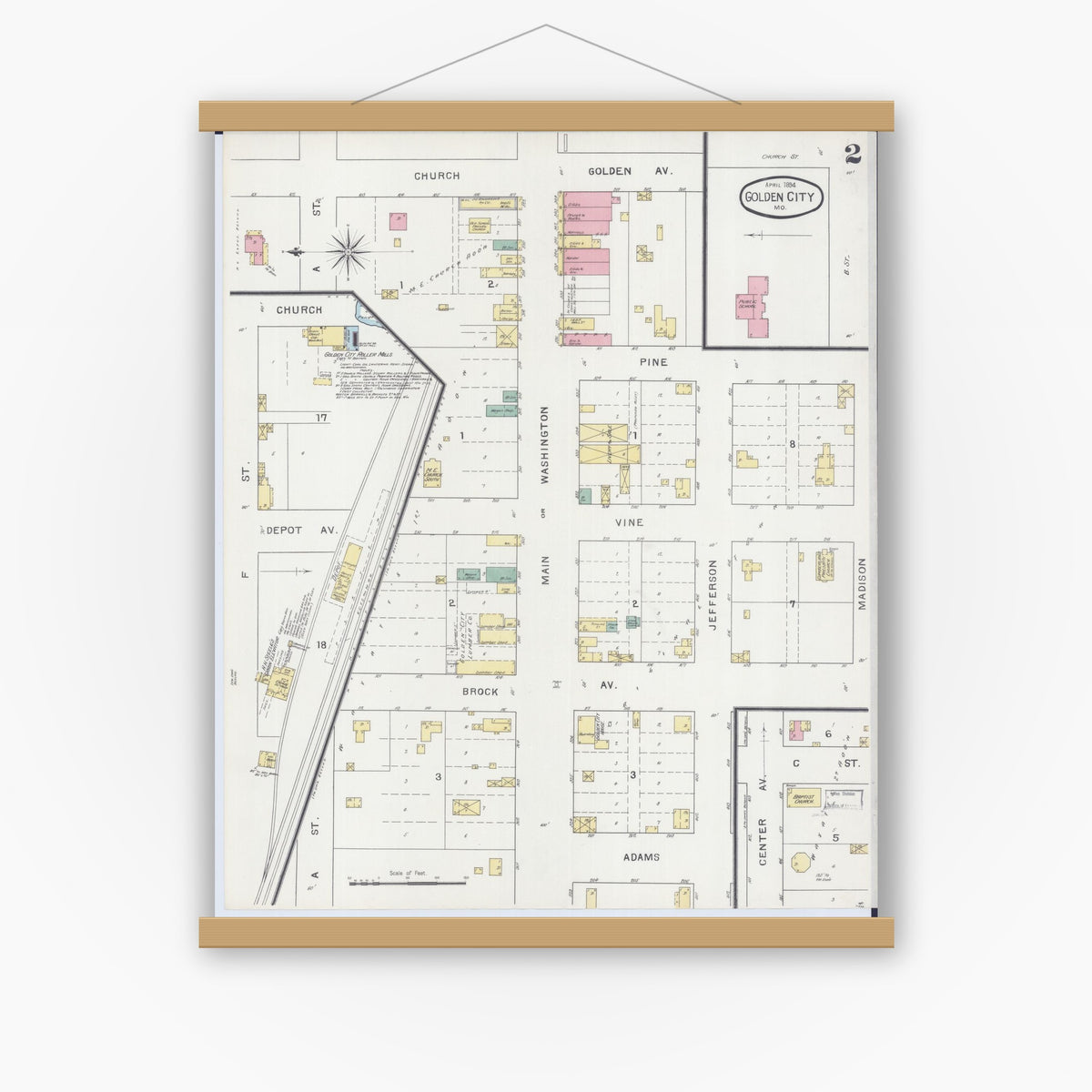 Old map wall art mockup — magnetic wood frame on white wall — Sanborn Fire Insurance Map from Golden City, Barton County, Missouri (1894), Sheet #0002