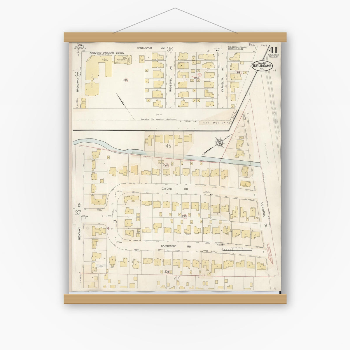 Old map wall art mockup — magnetic wood frame on white wall — Sanborn Fire Insurance Map from Burlingame, San Mateo County, California (1949), Sheet #0041