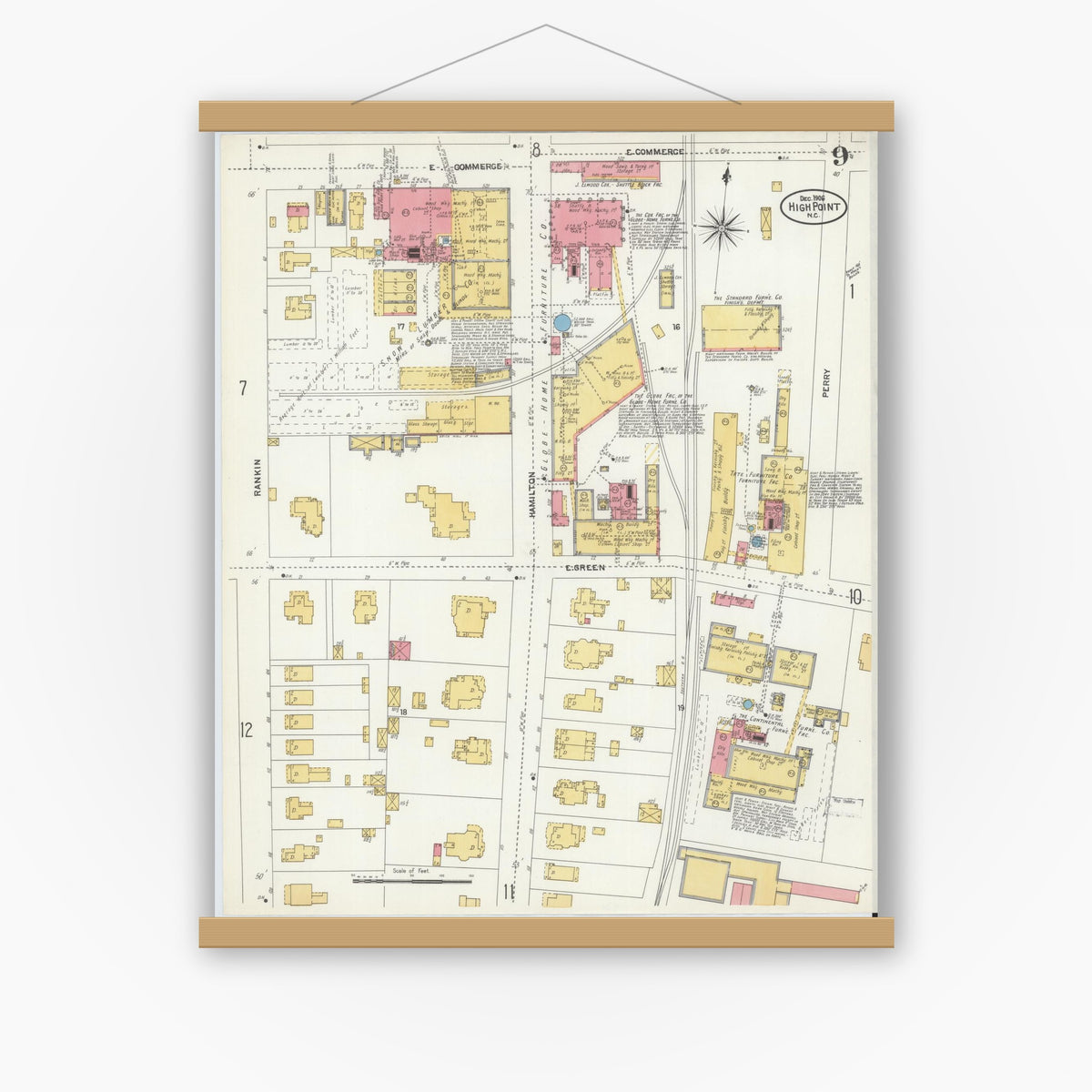 Old map wall art mockup — magnetic wood frame on white wall — Sanborn Fire Insurance Map from High Point, Guilford County, North Carolina (1906), Sheet #0009