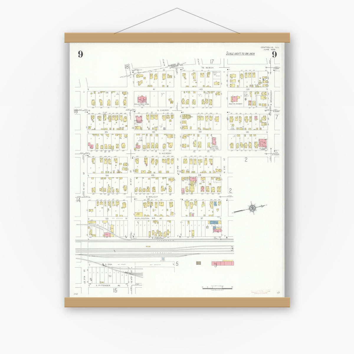 Old map wall art mockup — magnetic wood frame on white wall — Sanborn Fire Insurance Map from Centralia, Marion, Clinton, Jefferson, and Washington Counties, Illinois (1938), Sheet #0009