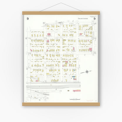 Old map wall art mockup — magnetic wood frame on white wall — Sanborn Fire Insurance Map from Centralia, Marion, Clinton, Jefferson, and Washington Counties, Illinois (1938), Sheet #0009