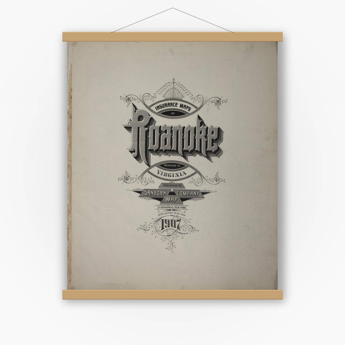 Old map wall art mockup — magnetic wood frame on white wall — Sanborn Fire Insurance Map from Roanoke, Independent Cities, Virginia (1907), Sheet #0001