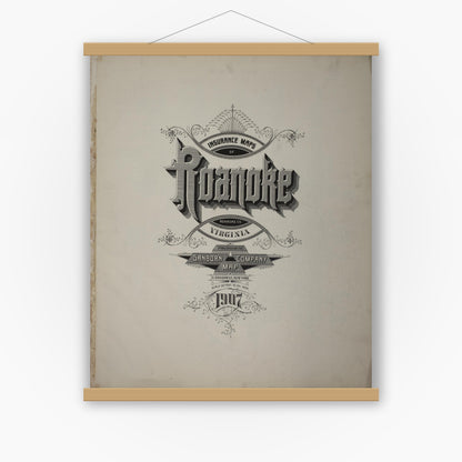 Old map wall art mockup — magnetic wood frame on white wall — Sanborn Fire Insurance Map from Roanoke, Independent Cities, Virginia (1907), Sheet #0001