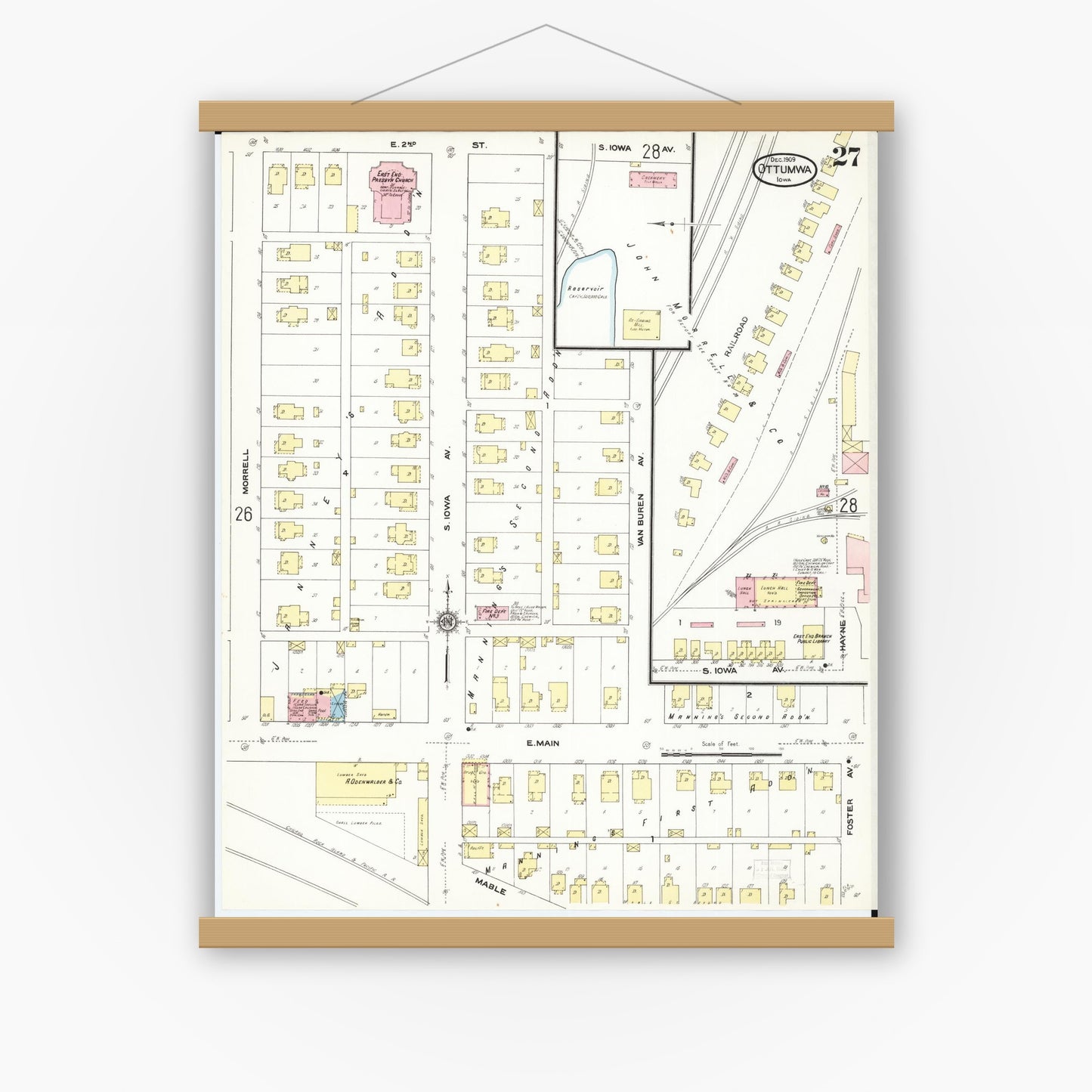 Old map wall art mockup — magnetic wood frame on white wall — Sanborn Fire Insurance Map from Ottumwa, Wapello County, Iowa (1909), Sheet #0027