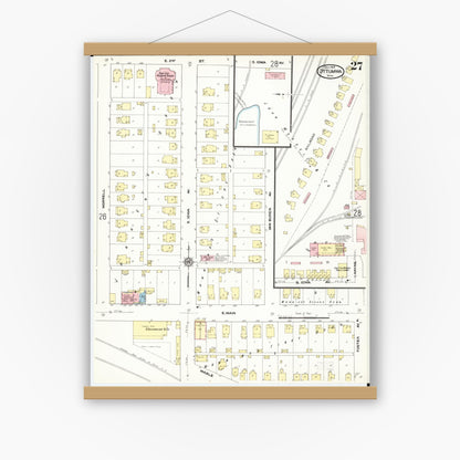 Old map wall art mockup — magnetic wood frame on white wall — Sanborn Fire Insurance Map from Ottumwa, Wapello County, Iowa (1909), Sheet #0027