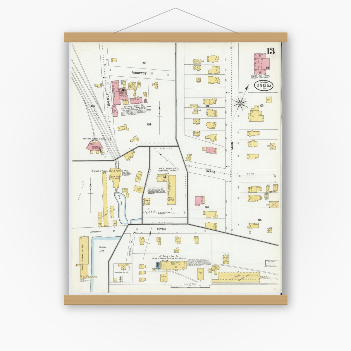 Old map wall art mockup — magnetic wood frame on white wall — Sanborn Fire Insurance Map from Oneida, Madison County, New York (1904), Sheet #0012
