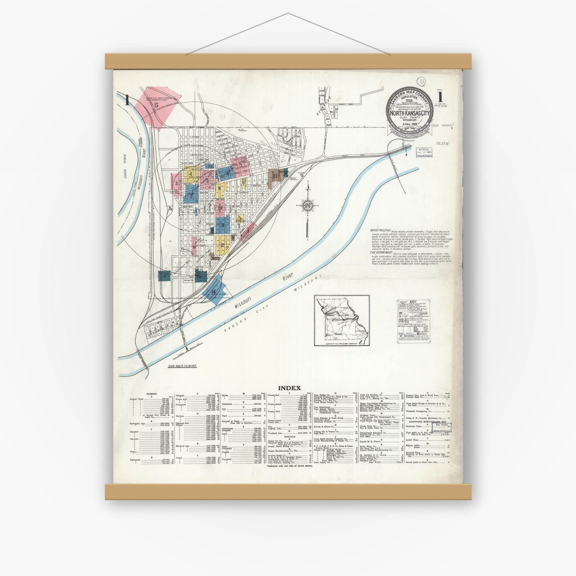Old map wall art mockup — magnetic wood frame on white wall — Sanborn Fire Insurance Map from North Kansas City, Clay County, Missouri (1926), Sheet #0001
