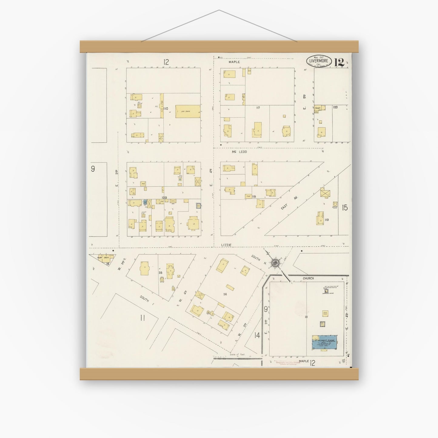 Old map wall art mockup — magnetic wood frame on white wall — Sanborn Fire Insurance Map from Livermore, Alameda County, California (1917), Sheet #0012