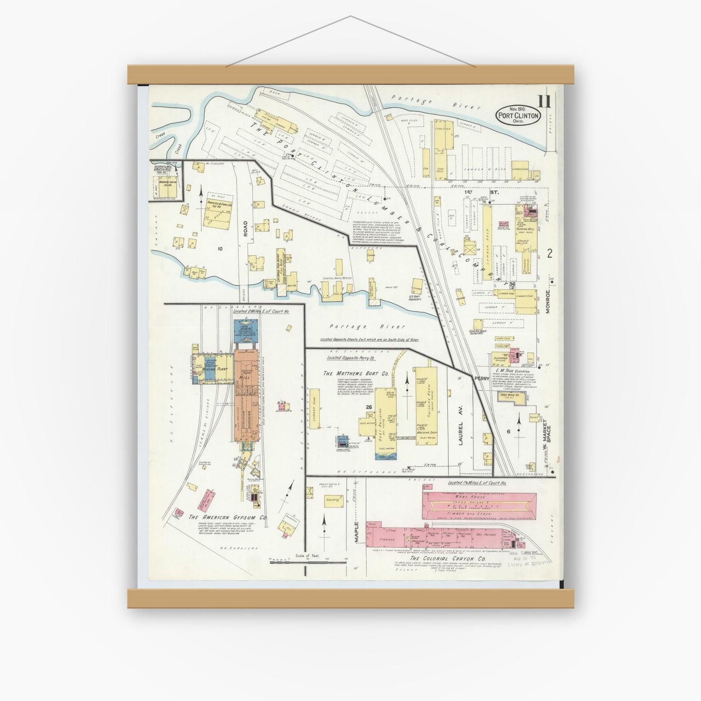 Old map wall art mockup — magnetic wood frame on white wall — Sanborn Fire Insurance Map from Port Clinton, Ottawa County, Ohio (1910), Sheet #0011