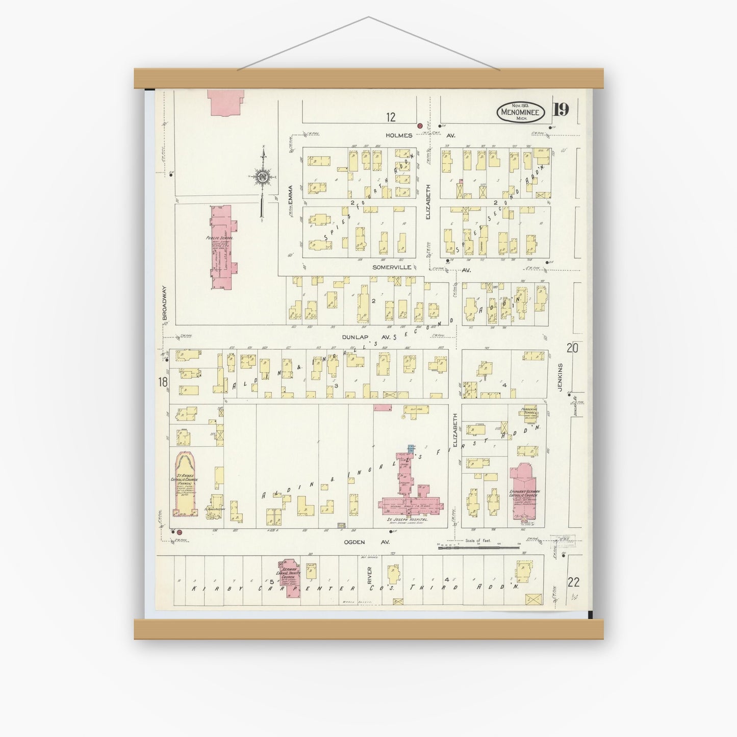 Old map wall art mockup — magnetic wood frame on white wall — Sanborn Fire Insurance Map from Menominee, Menominee County, Michigan (1913), Sheet #0019