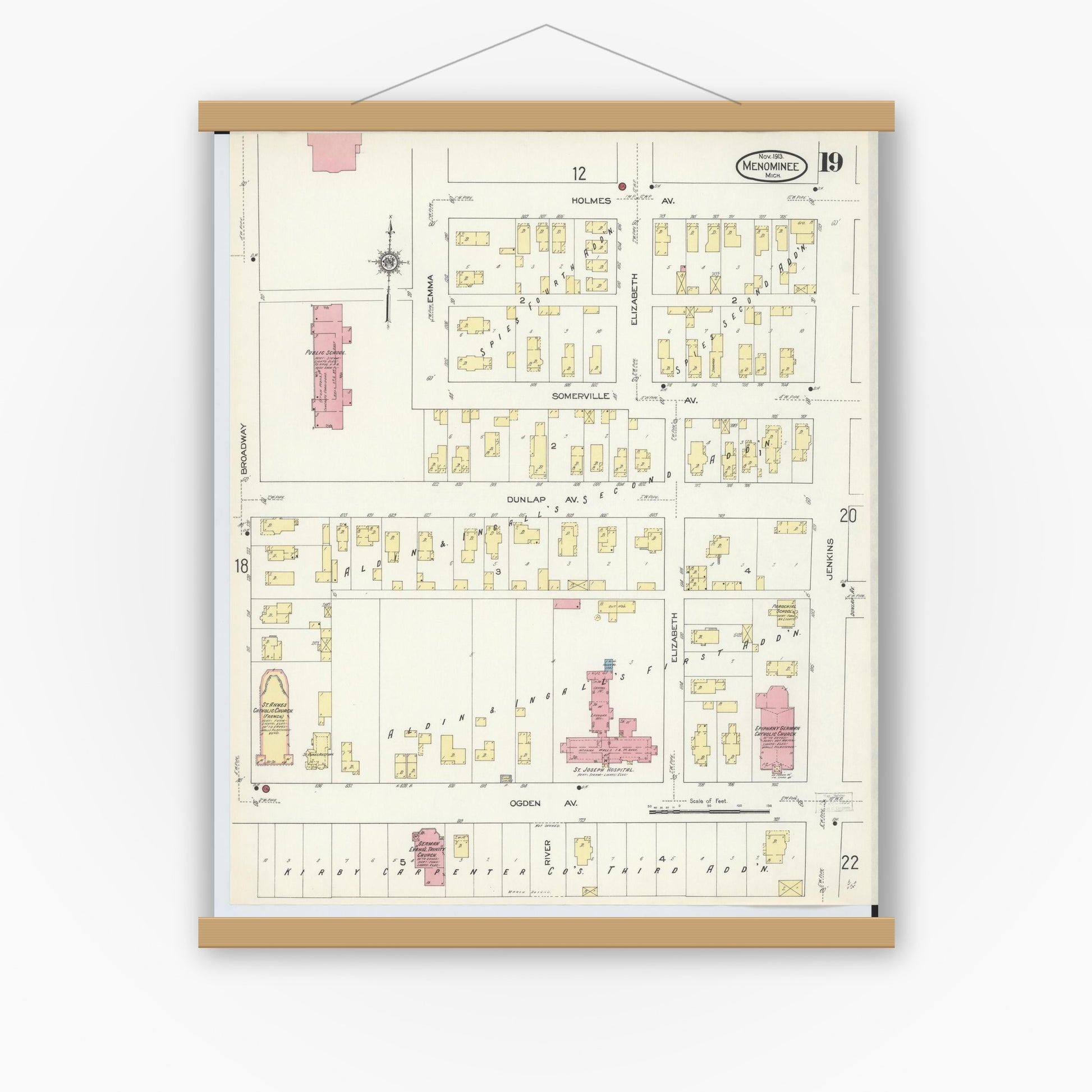 Old map wall art mockup — magnetic wood frame on white wall — Sanborn Fire Insurance Map from Menominee, Menominee County, Michigan (1913), Sheet #0019