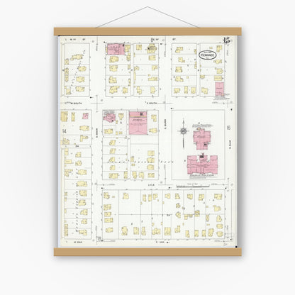 Old map wall art mockup — magnetic wood frame on white wall — Sanborn Fire Insurance Map from Kewanee, Henry County, Illinois (1910), Sheet #0015