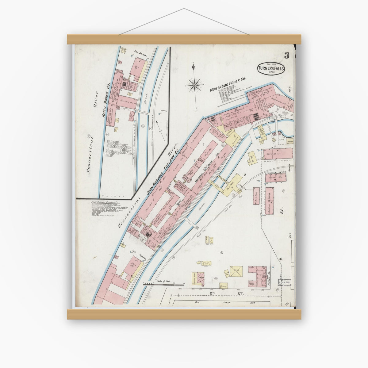 Old map wall art mockup — magnetic wood frame on white wall — Sanborn Fire Insurance Map from Turners Falls, Franklin County, Massachusetts (1889), Sheet #0003