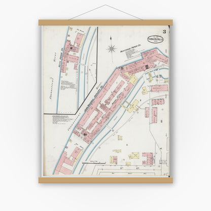 Old map wall art mockup — magnetic wood frame on white wall — Sanborn Fire Insurance Map from Turners Falls, Franklin County, Massachusetts (1889), Sheet #0003