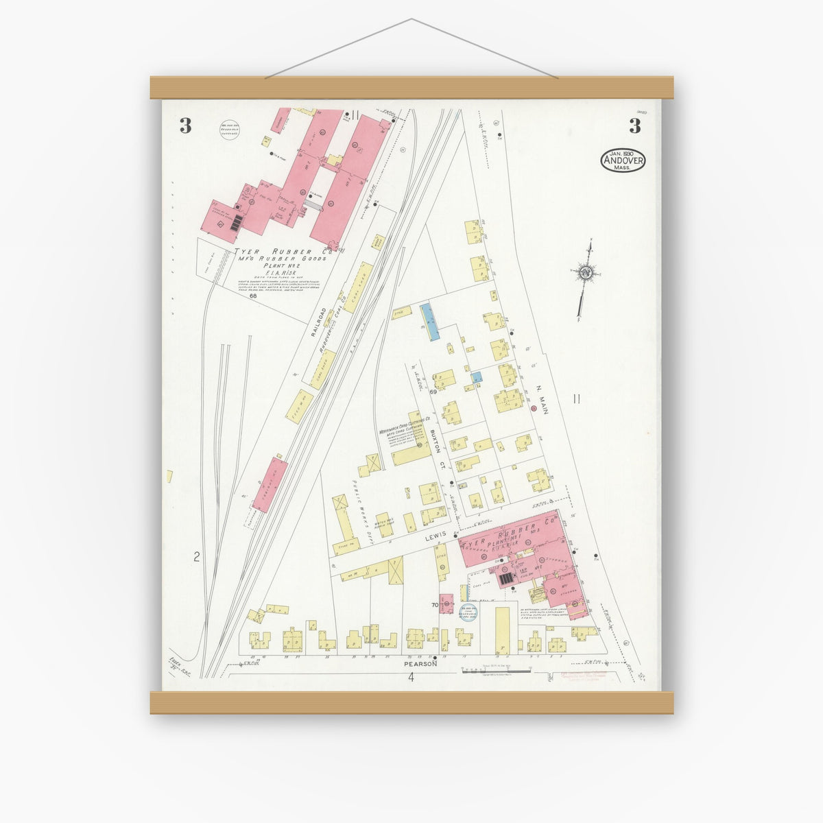 Old map wall art mockup — magnetic wood frame on white wall — Sanborn Fire Insurance Map from Andover, Essex County, Massachusetts (1930), Sheet #0003