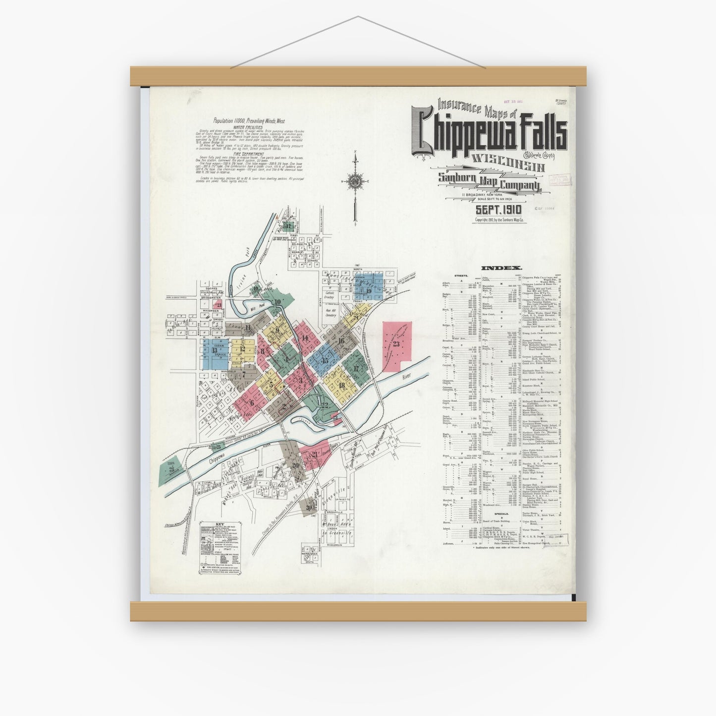 Old map wall art mockup — magnetic wood frame on white wall — Sanborn Fire Insurance Map from Chippewa Falls, Chippewa County, Wisconsin (1910) - Complete Map Set