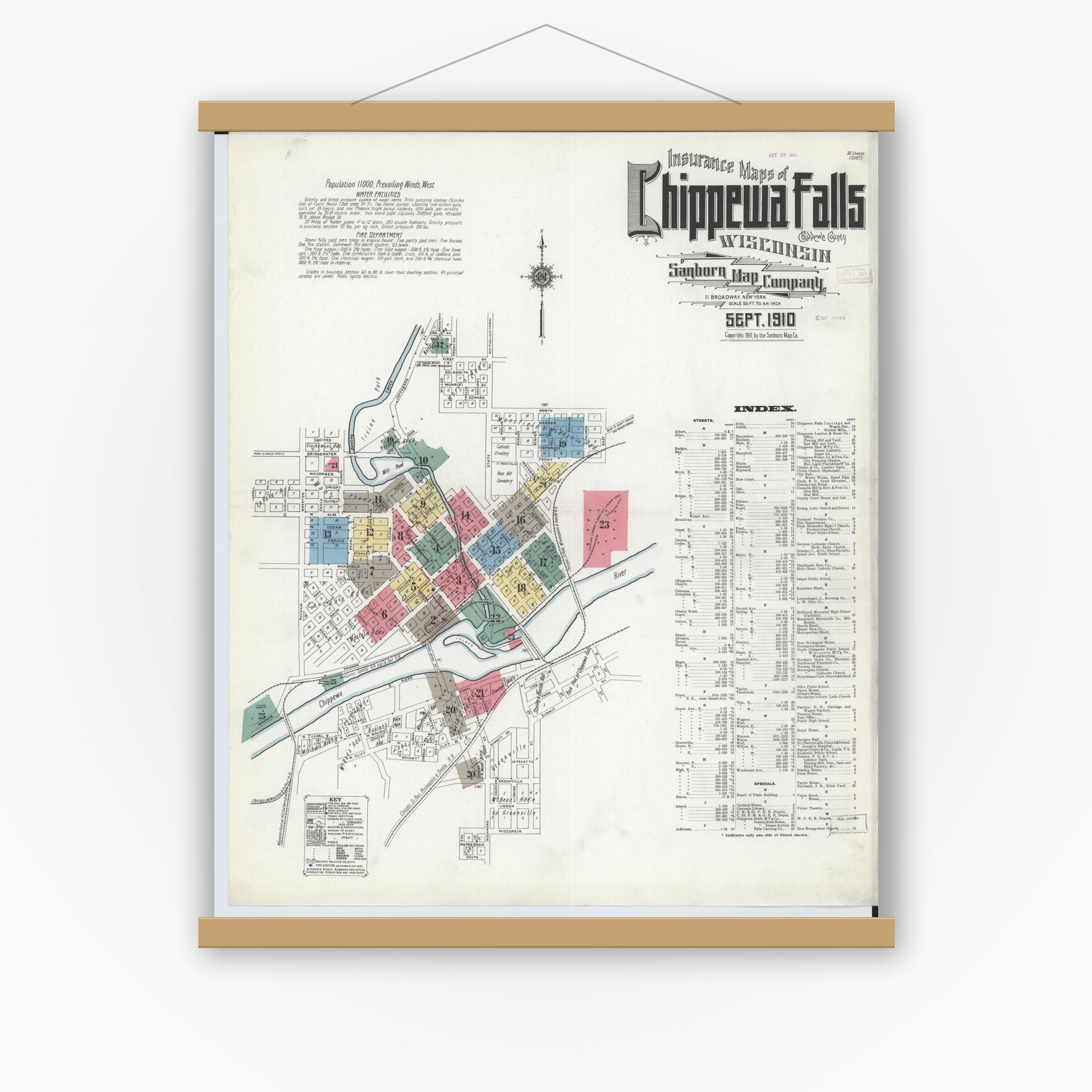 Old map wall art mockup — magnetic wood frame on white wall — Sanborn Fire Insurance Map from Chippewa Falls, Chippewa County, Wisconsin (1910) - Complete Map Set