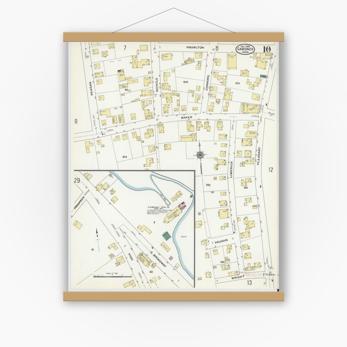 Old map wall art mockup — magnetic wood frame on white wall — Sanborn Fire Insurance Map from Gardner, Worcester County, Massachusetts (1909), Sheet #0010