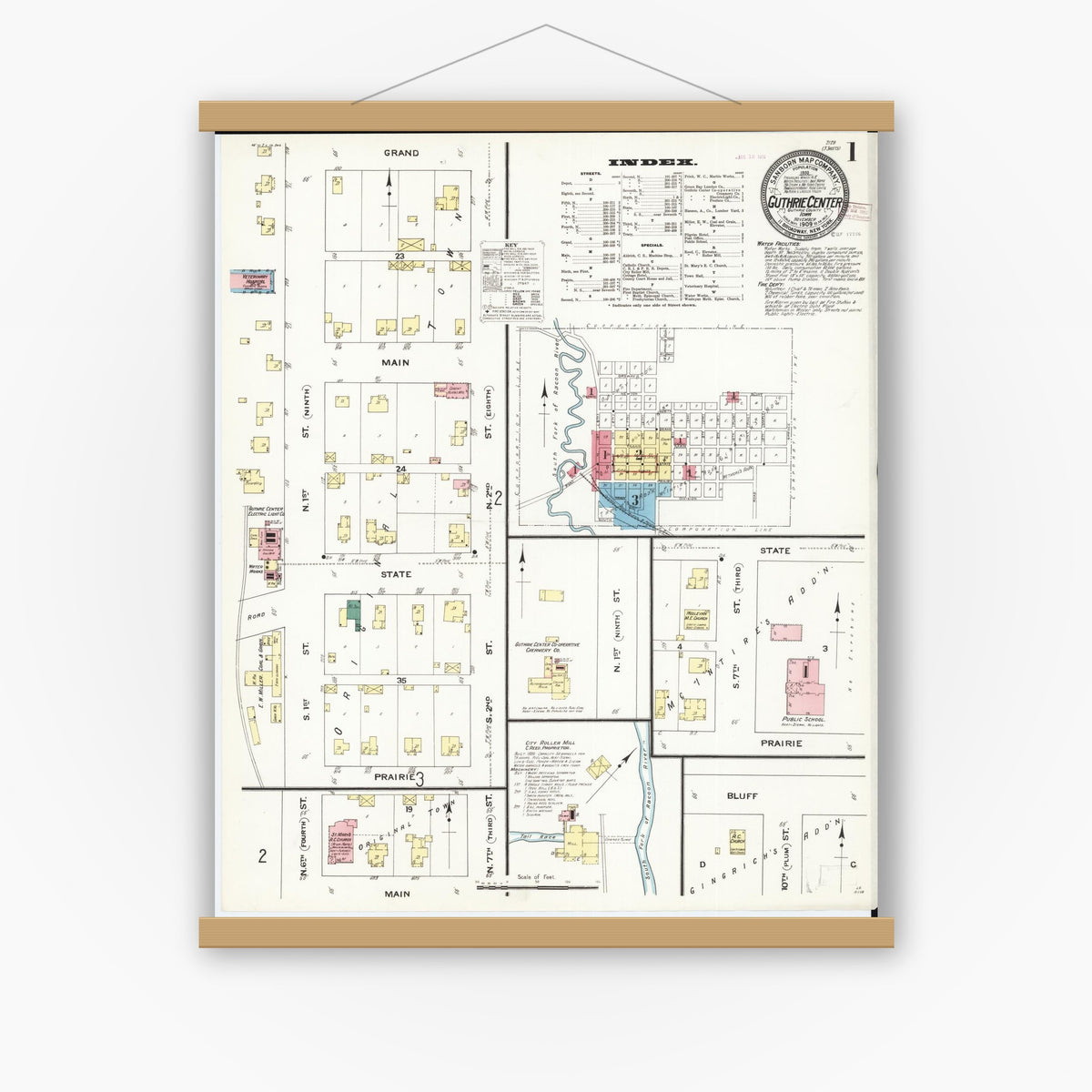 Old map wall art mockup — magnetic wood frame on white wall — Sanborn Fire Insurance Map from Guthrie Center, Guthrie County, Iowa (1909), Sheet #0001