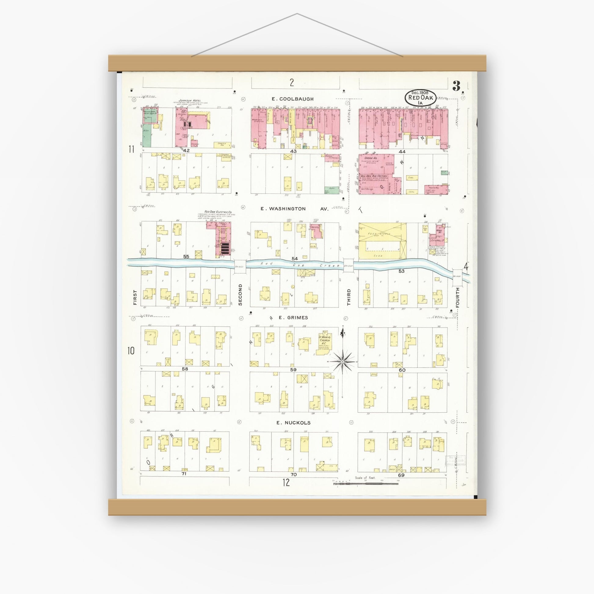 Old map wall art mockup — magnetic wood frame on white wall — Sanborn Fire Insurance Map from Red Oak, Montgomery County, Iowa (1908), Sheet #0003