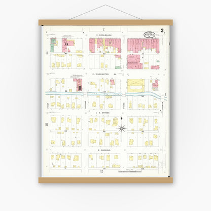 Old map wall art mockup — magnetic wood frame on white wall — Sanborn Fire Insurance Map from Red Oak, Montgomery County, Iowa (1908), Sheet #0003