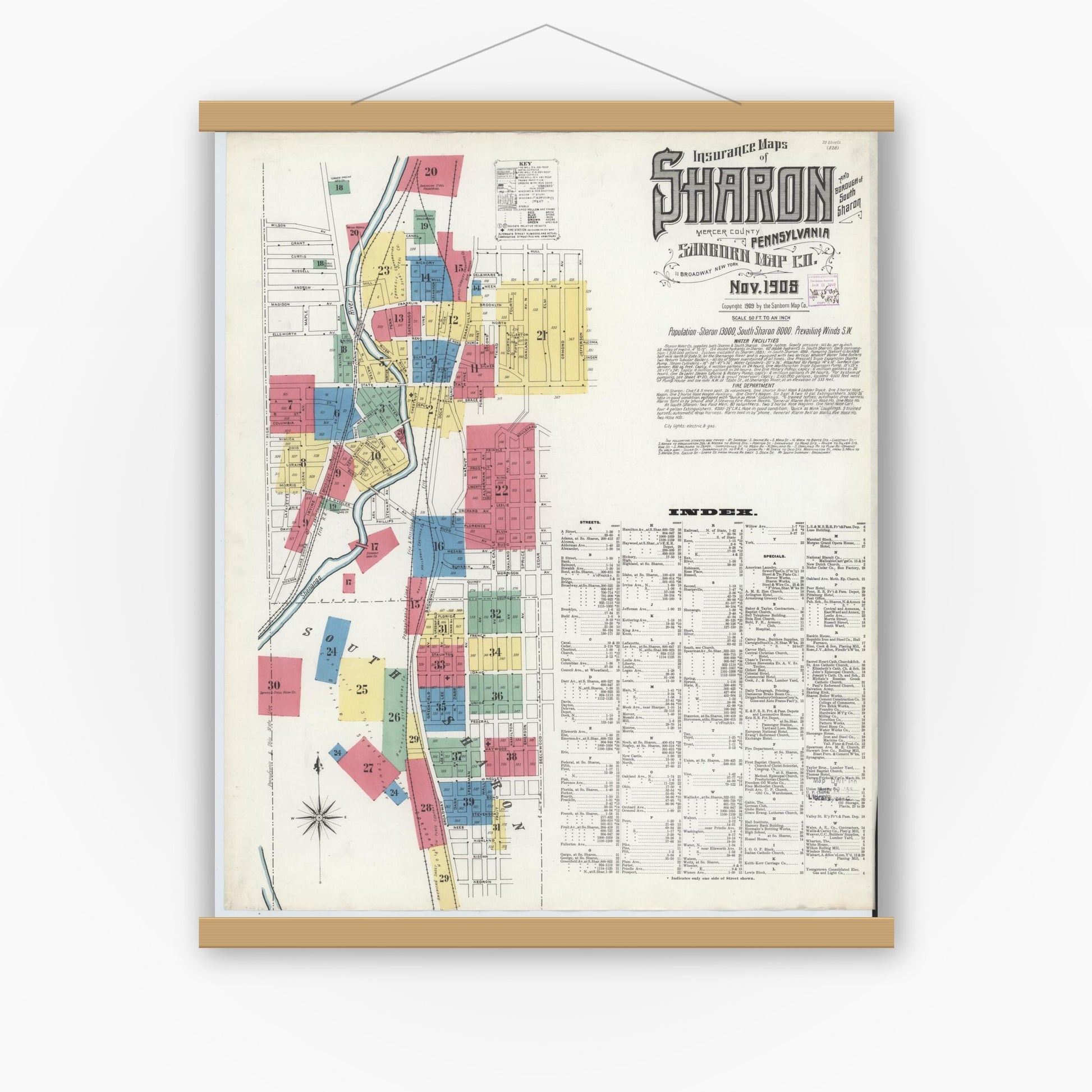 Old map wall art mockup — magnetic wood frame on white wall — Sanborn Fire Insurance Map from Sharon, Mercer County, Pennsylvania (1908) - Complete Map Set