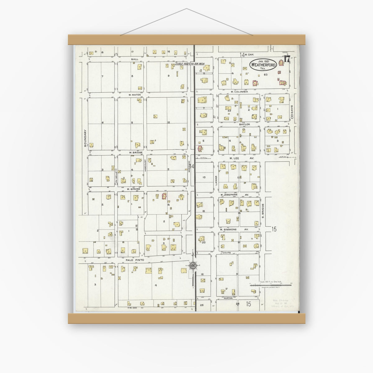 Old map wall art mockup — magnetic wood frame on white wall — Sanborn Fire Insurance Map from Weatherford, Parker County, Texas (1921), Sheet #0017