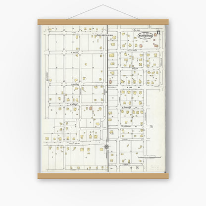 Old map wall art mockup — magnetic wood frame on white wall — Sanborn Fire Insurance Map from Weatherford, Parker County, Texas (1921), Sheet #0017