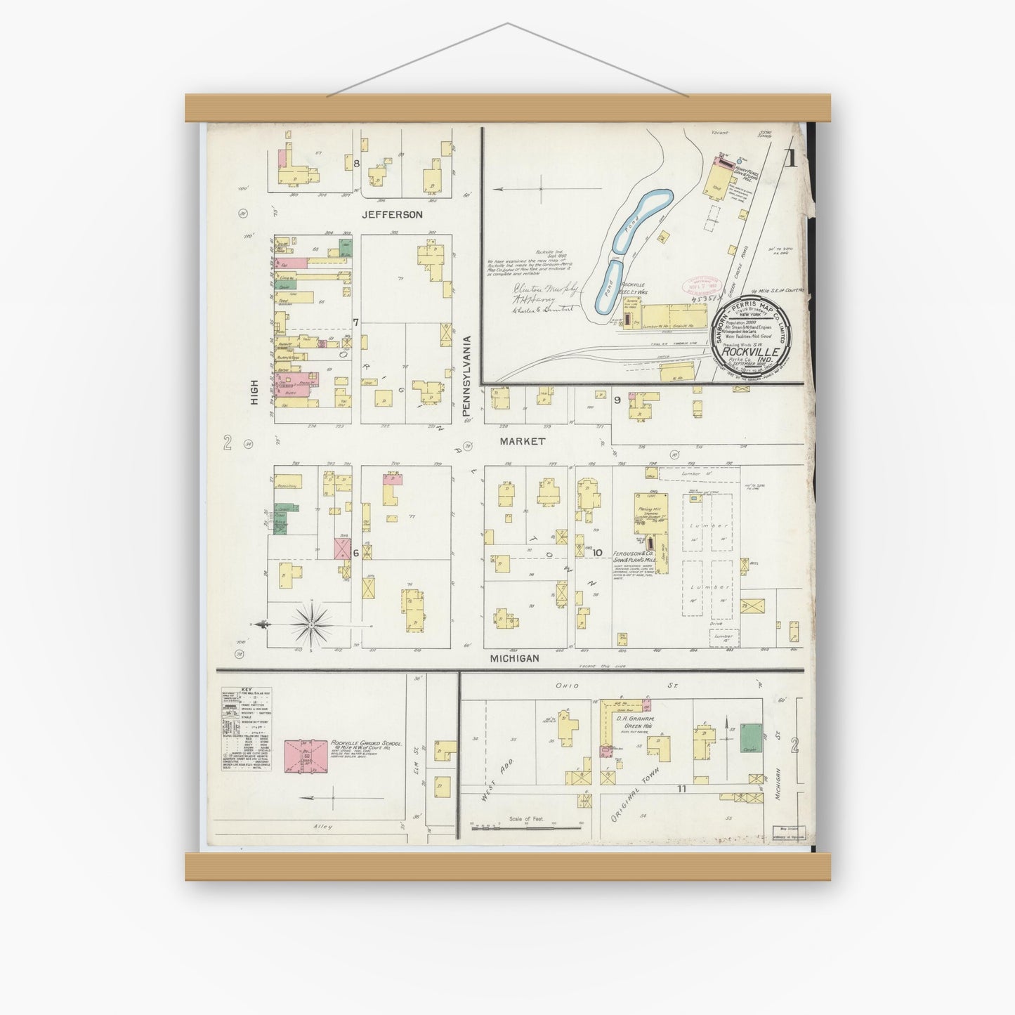Old map wall art mockup — magnetic wood frame on white wall — Sanborn Fire Insurance Map from Rockville, Parke County, Indiana (1892) - Complete Map Set