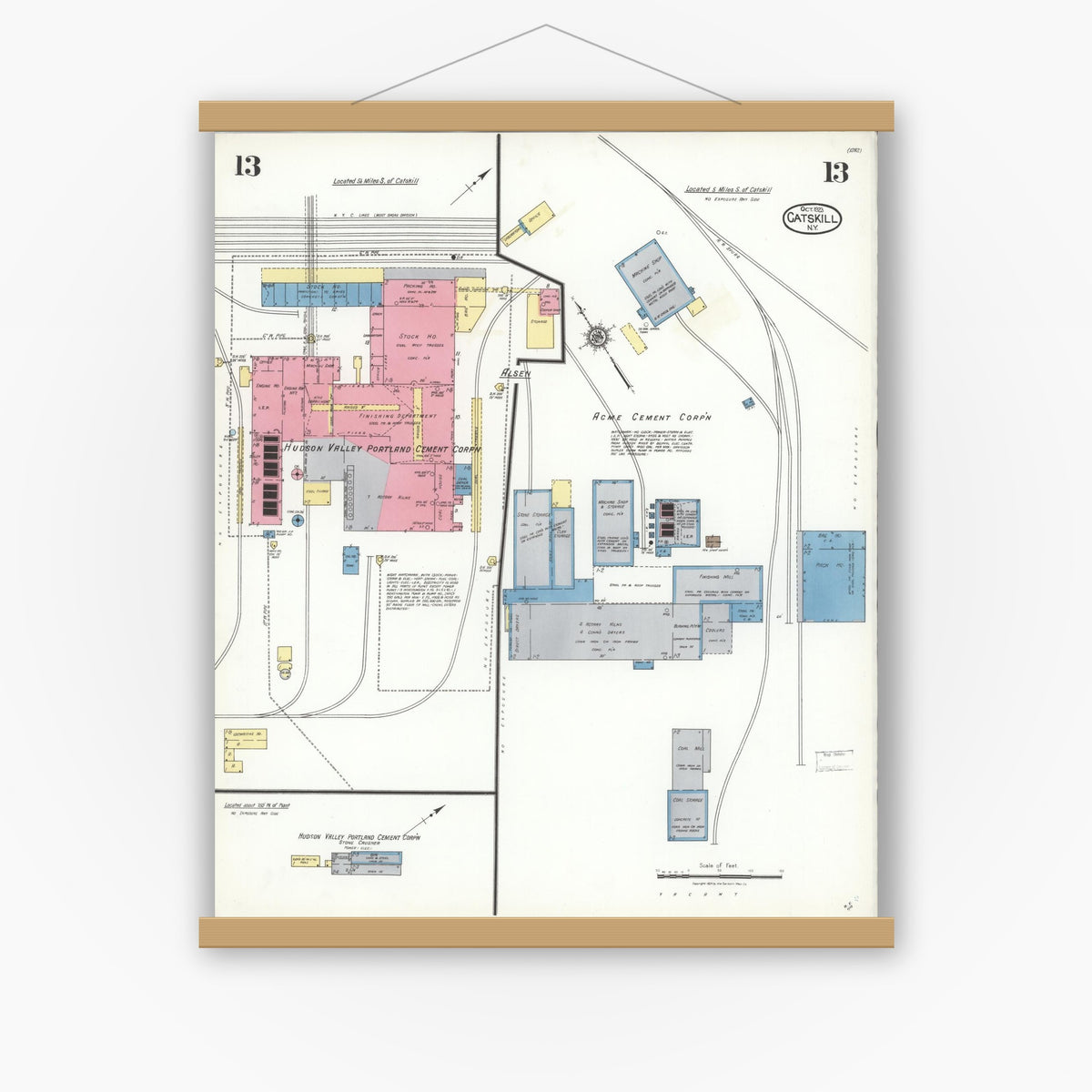 Old map wall art mockup — magnetic wood frame on white wall — Sanborn Fire Insurance Map from Catskill, Greene County, New York (1923), Sheet #0013