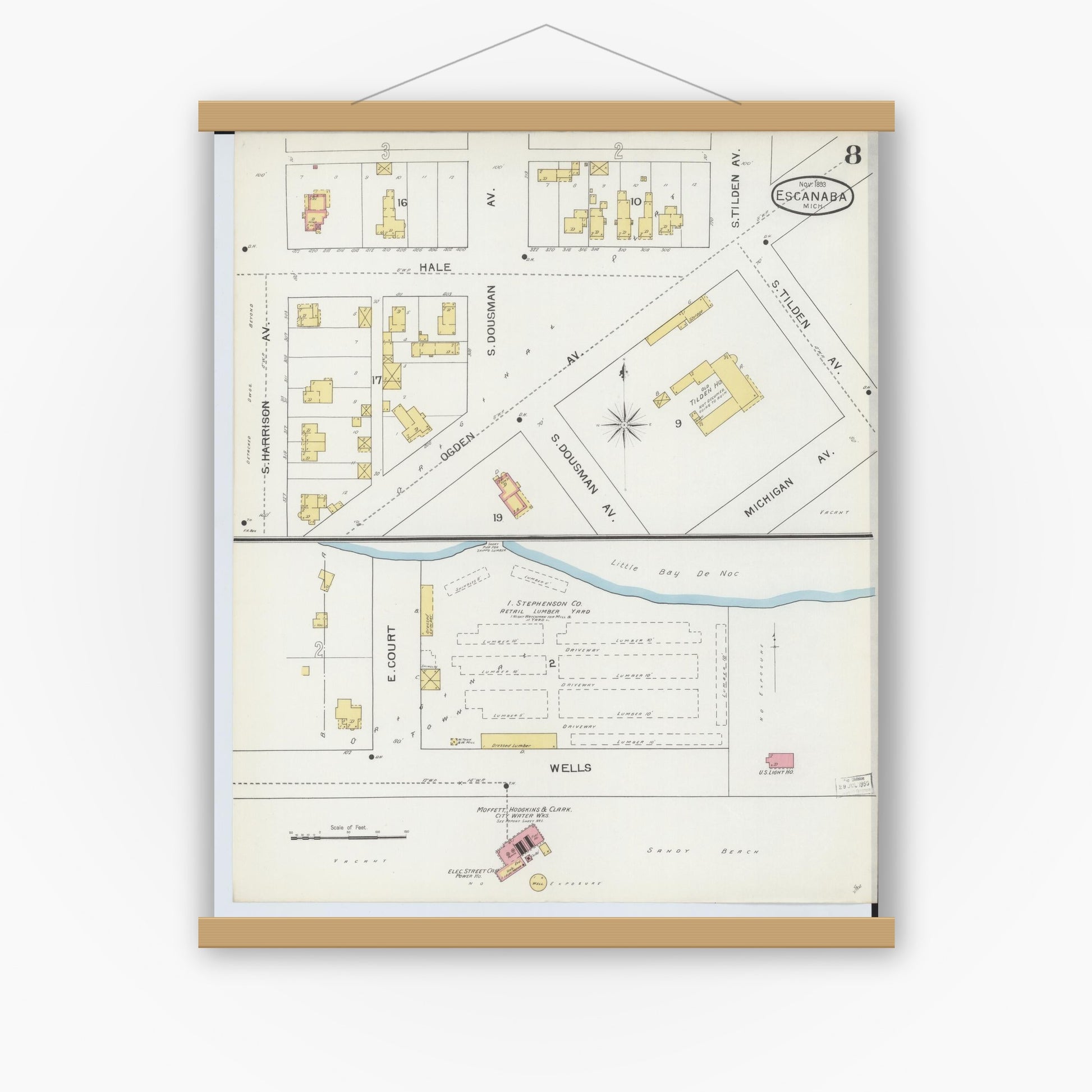 Old map wall art mockup — magnetic wood frame on white wall — Sanborn Fire Insurance Map from Escanaba, Delta County, Michigan (1893), Sheet #0008