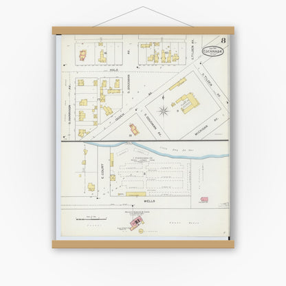 Old map wall art mockup — magnetic wood frame on white wall — Sanborn Fire Insurance Map from Escanaba, Delta County, Michigan (1893), Sheet #0008