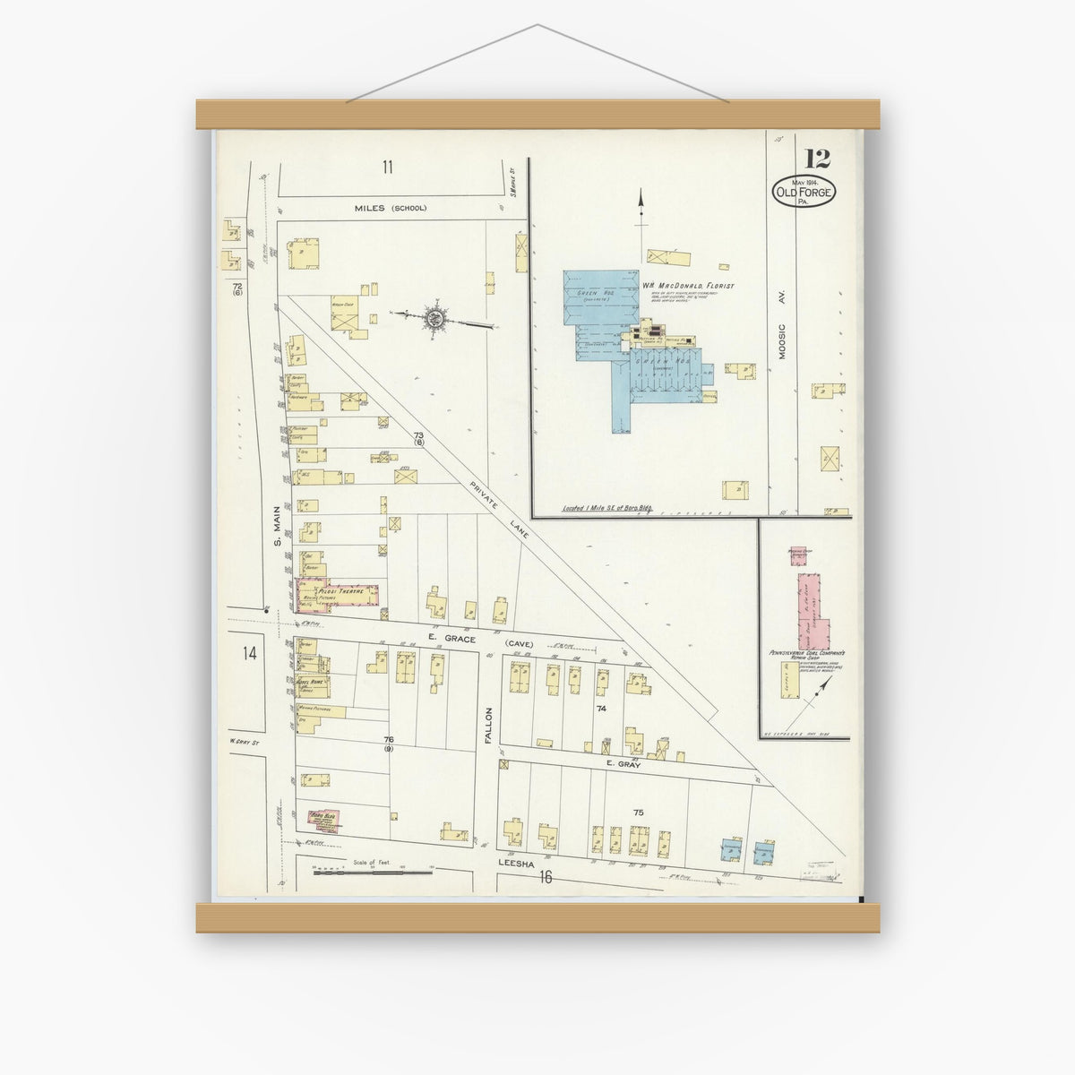 Old map wall art mockup — magnetic wood frame on white wall — Sanborn Fire Insurance Map from Old Forge, Lackawanna County, Pennsylvania (1914), Sheet #0012