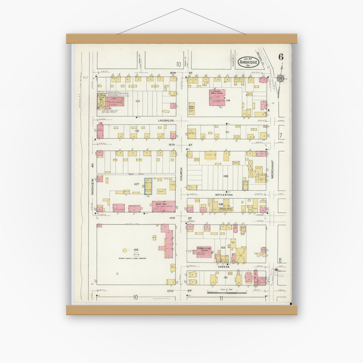 Old map wall art mockup — magnetic wood frame on white wall — Sanborn Fire Insurance Map from Ambridge, Beaver County, Pennsylvania (1917), Sheet #0006