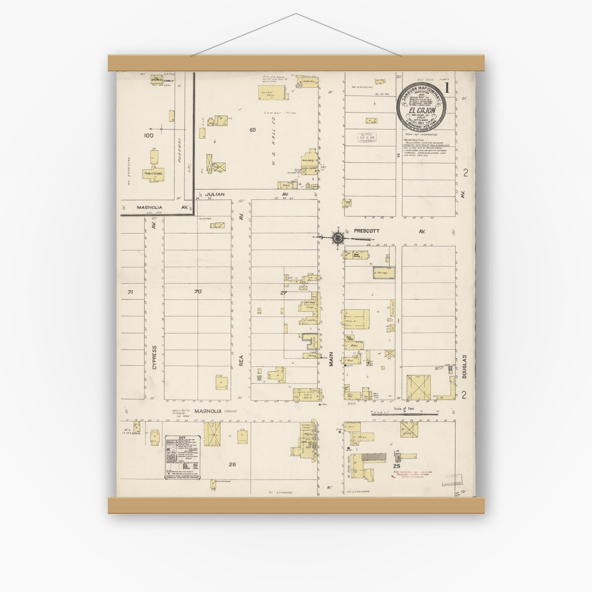 Old map wall art mockup — magnetic wood frame on white wall — Sanborn Fire Insurance Map from El Cajon, San Diego County, California (1911) - Complete Map Set