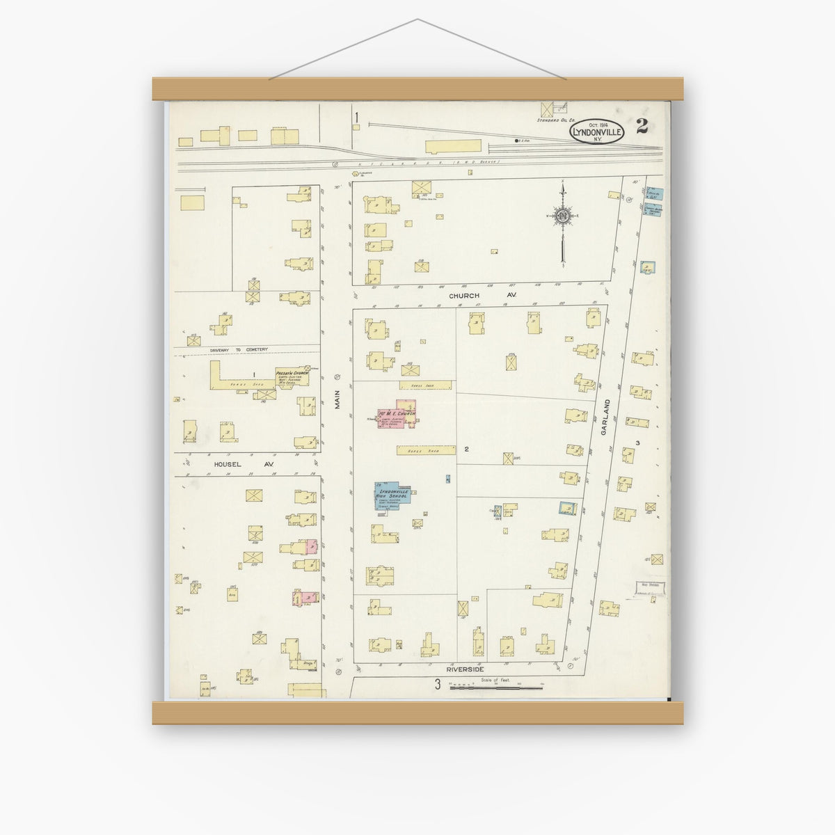 Old map wall art mockup — magnetic wood frame on white wall — Sanborn Fire Insurance Map from Lyndonville, Orleans County, New York (1914), Sheet #0002