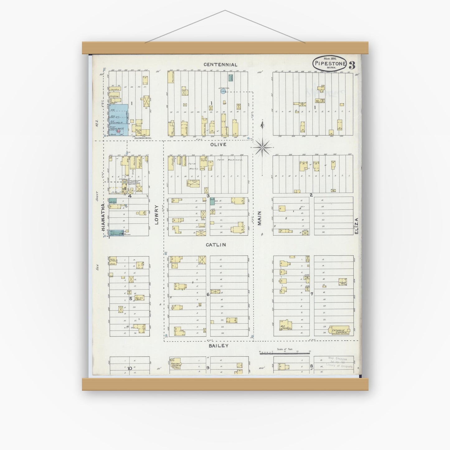Old map wall art mockup — magnetic wood frame on white wall — Sanborn Fire Insurance Map from Pipestone, Pipestone County, Minnesota (1892), Sheet #0003