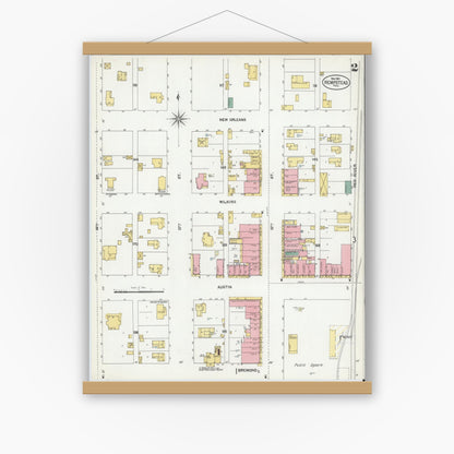 Old map wall art mockup — magnetic wood frame on white wall — Sanborn Fire Insurance Map from Hempstead, Waller County, Texas (1901), Sheet #0002