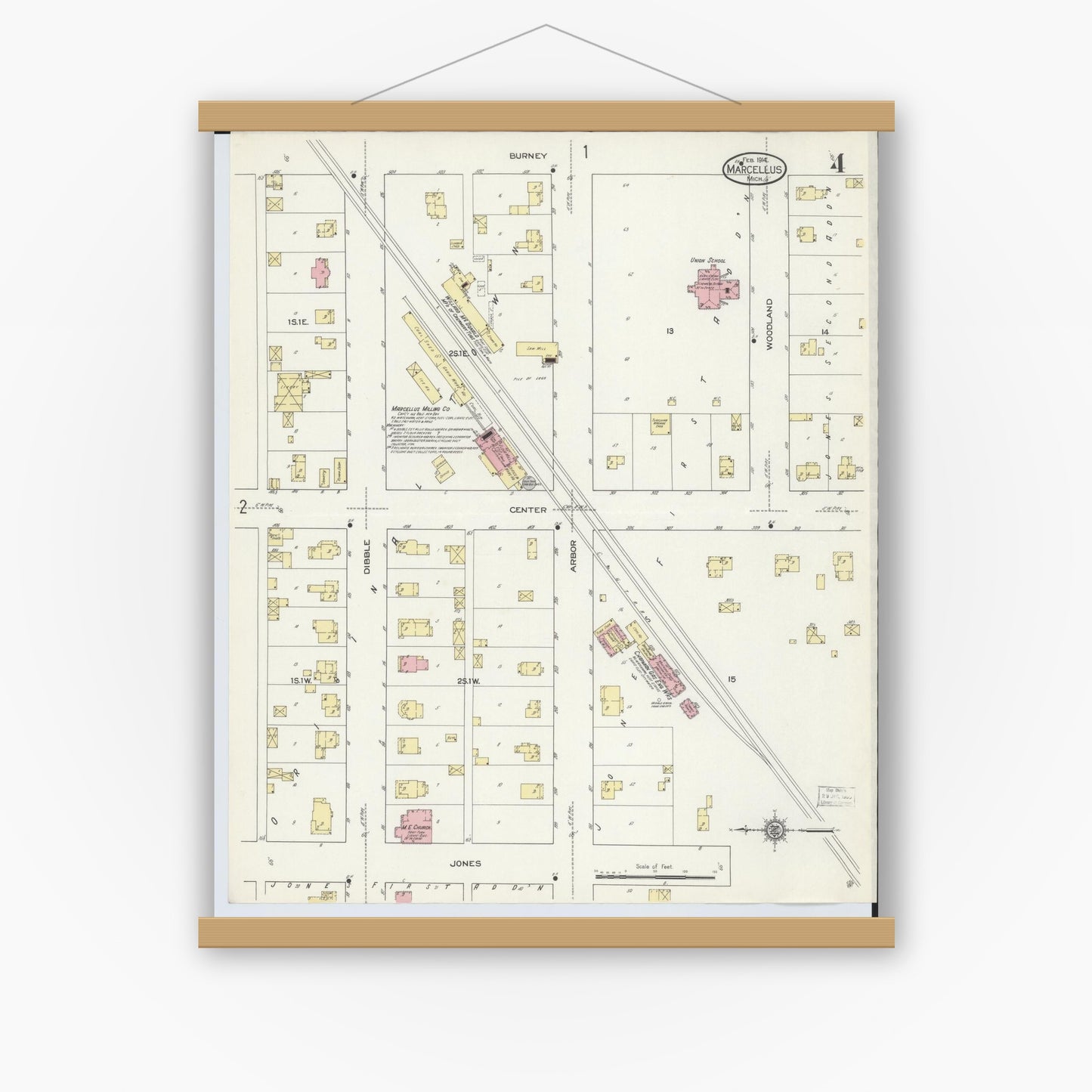 Old map wall art mockup — magnetic wood frame on white wall — Sanborn Fire Insurance Map from Marcellus, Cass County, Michigan (1914), Sheet #0004