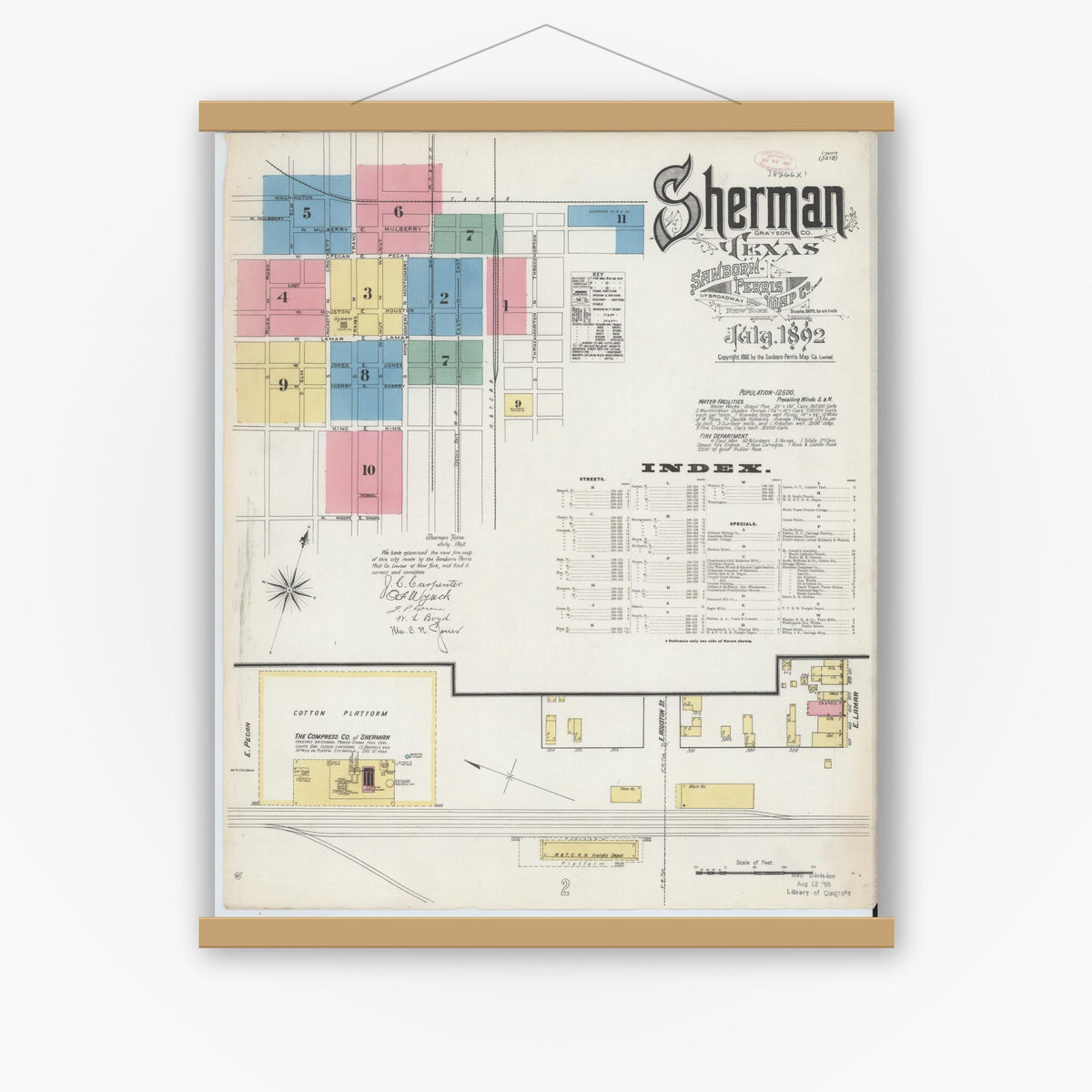 Old map wall art mockup — magnetic wood frame on white wall — Sanborn Fire Insurance Map from Sherman, Grayson County, Texas (1892), Sheet #0001