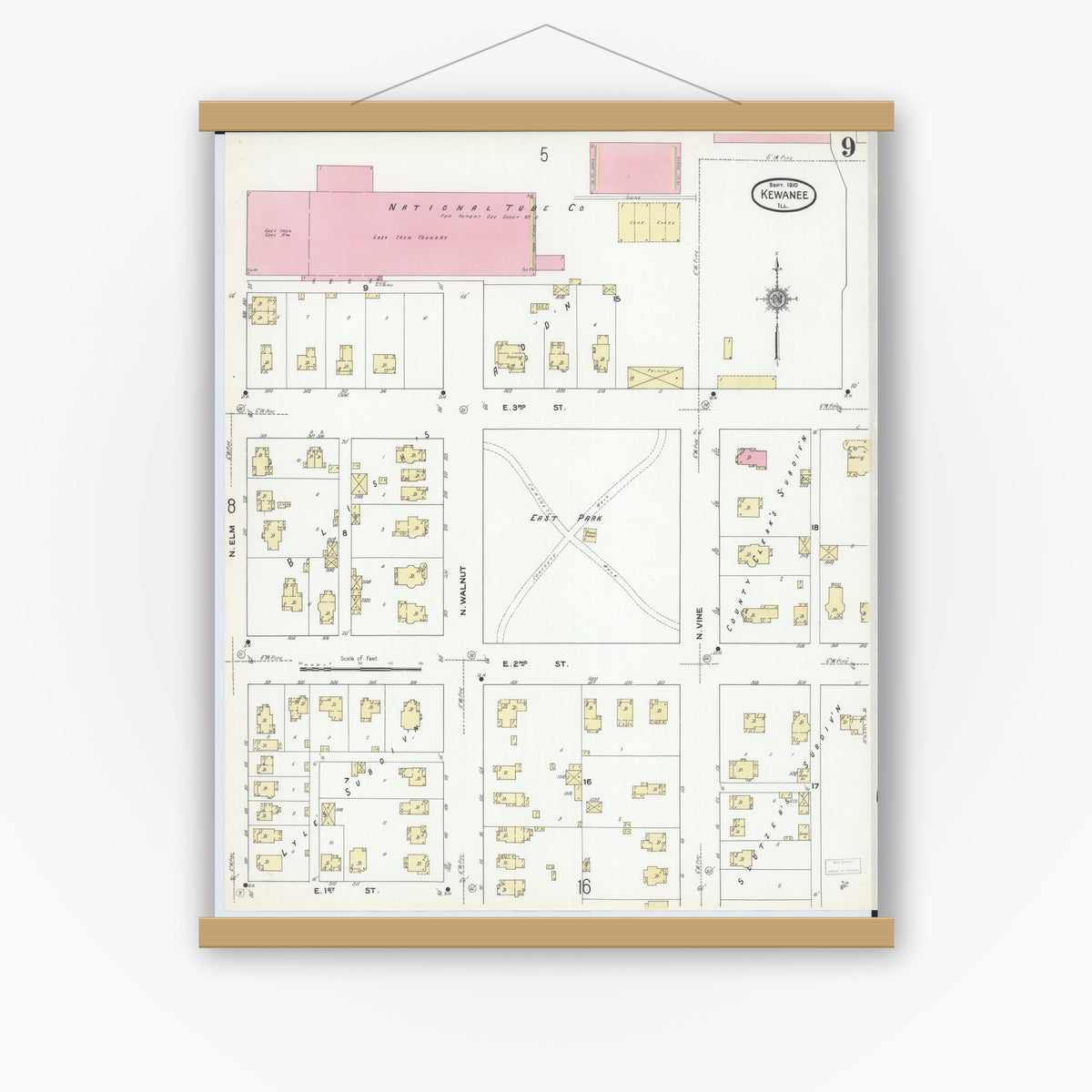 Old map wall art mockup — magnetic wood frame on white wall — Sanborn Fire Insurance Map from Kewanee, Henry County, Illinois (1910), Sheet #0009
