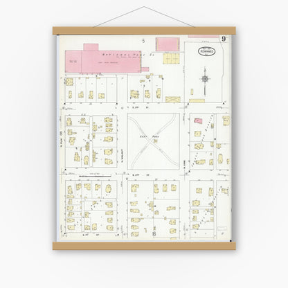 Old map wall art mockup — magnetic wood frame on white wall — Sanborn Fire Insurance Map from Kewanee, Henry County, Illinois (1910), Sheet #0009