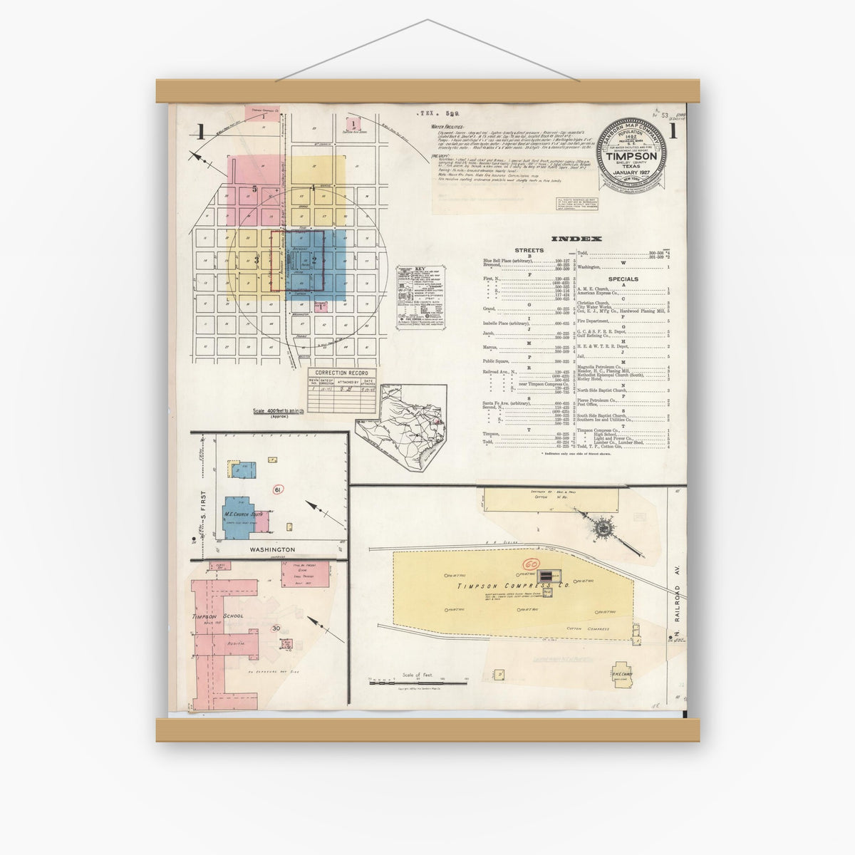 Old map wall art mockup — magnetic wood frame on white wall — Sanborn Fire Insurance Map from Timpson, Shelby County, Texas (1941) - Complete Map Set
