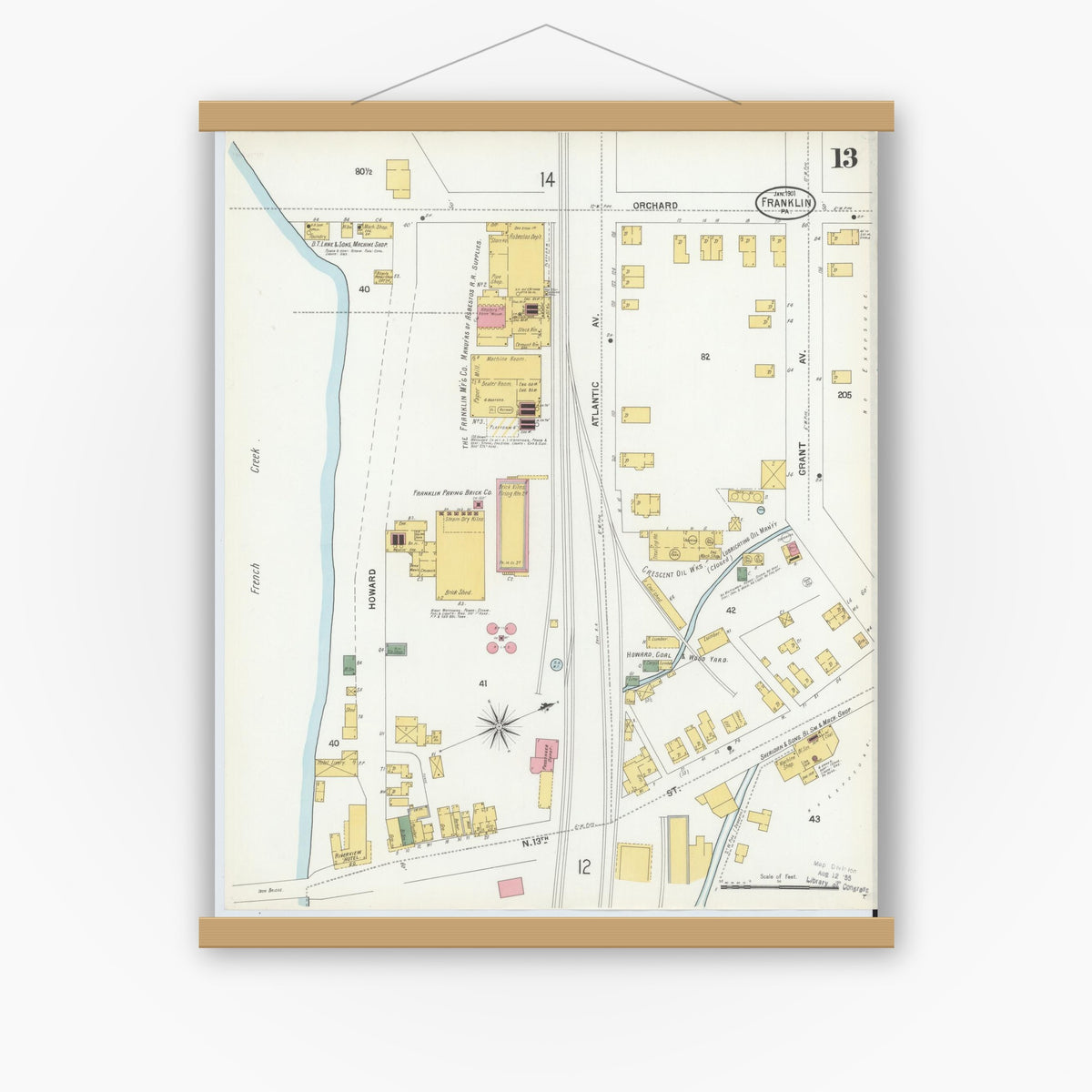 Old map wall art mockup — magnetic wood frame on white wall — Sanborn Fire Insurance Map from Franklin, Venango County, Pennsylvania (1901), Sheet #0013