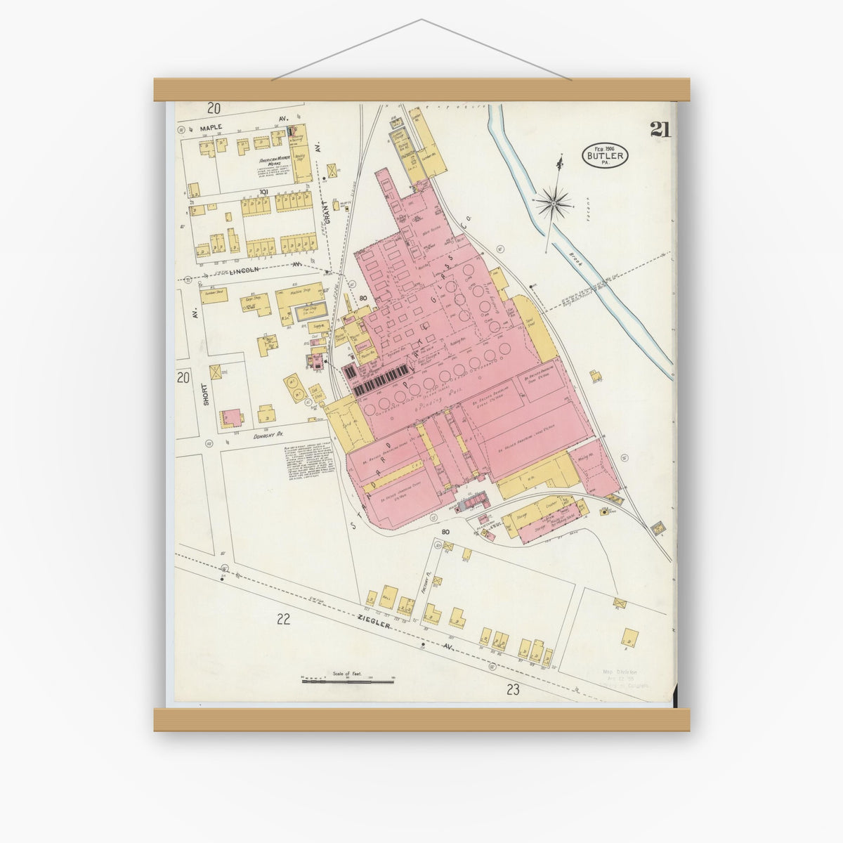 Old map wall art mockup — magnetic wood frame on white wall — Sanborn Fire Insurance Map from Butler, Butler County, Pennsylvania (1906), Sheet #0021