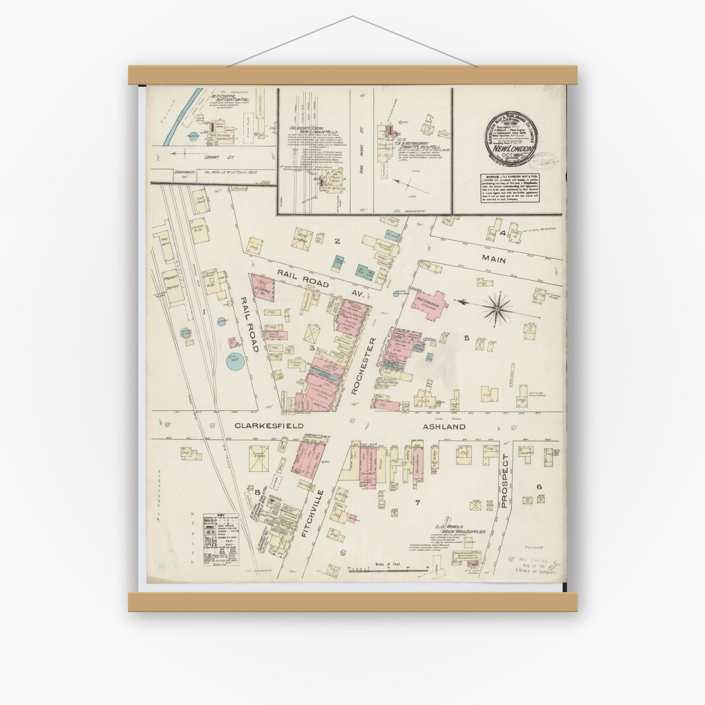Old map wall art mockup — magnetic wood frame on white wall — Sanborn Fire Insurance Map from New London, Huron County, Ohio (1884), Sheet #0001