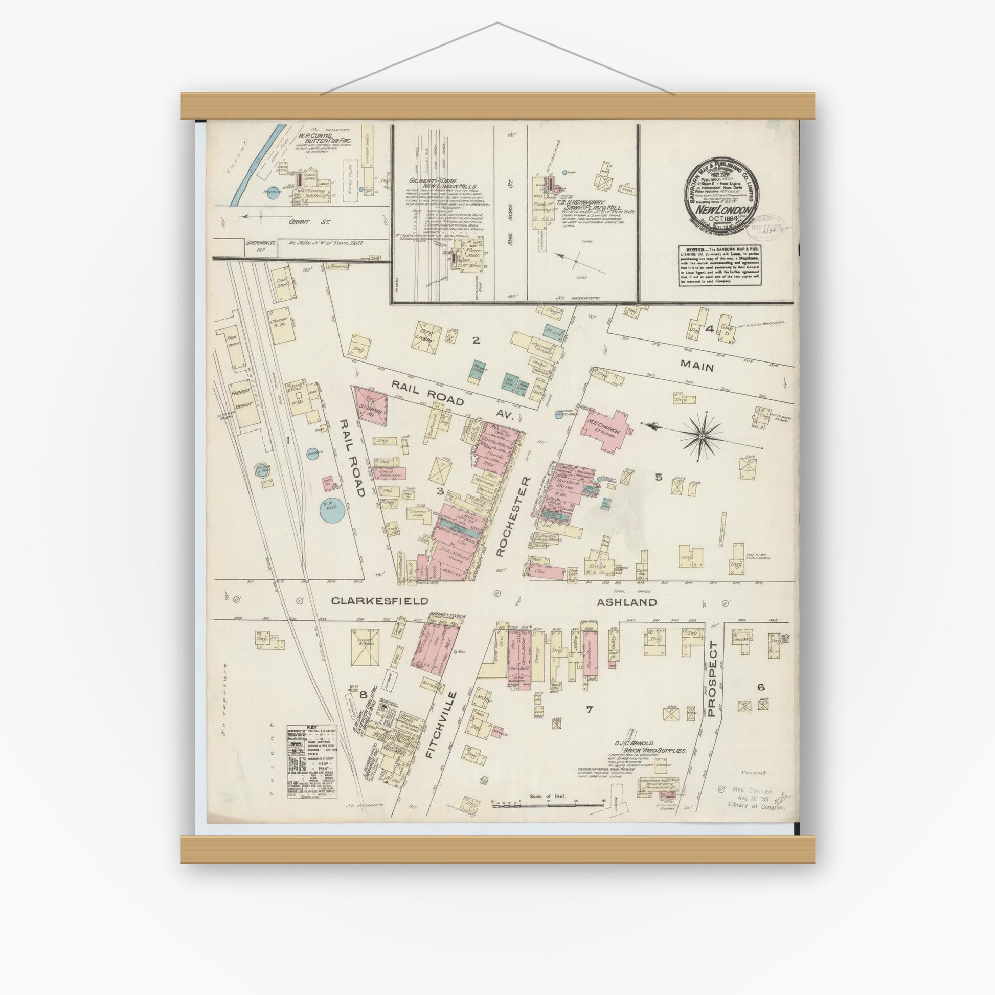 Old map wall art mockup — magnetic wood frame on white wall — Sanborn Fire Insurance Map from New London, Huron County, Ohio (1884), Sheet #0001